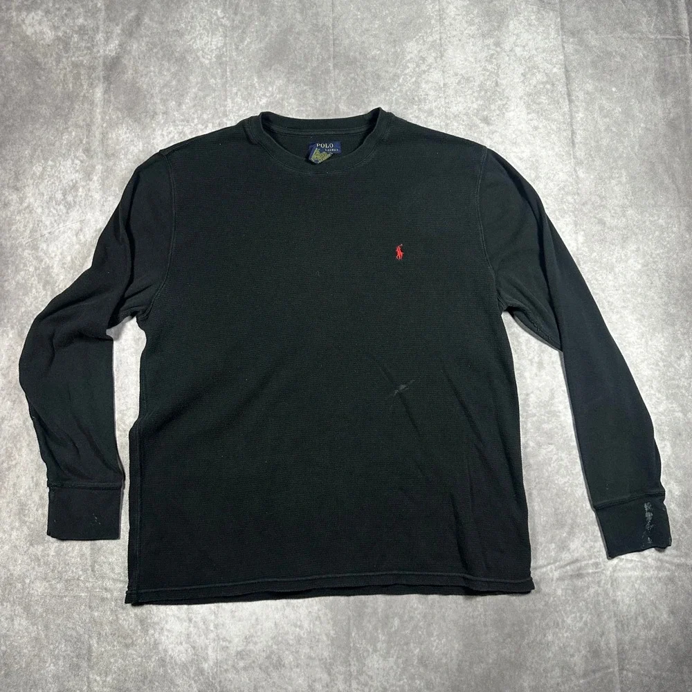 Polo Ralph Lauren Mens 2XL Waffle Knit Thermal Long Sleeve Shirt Black‎ Red Pony